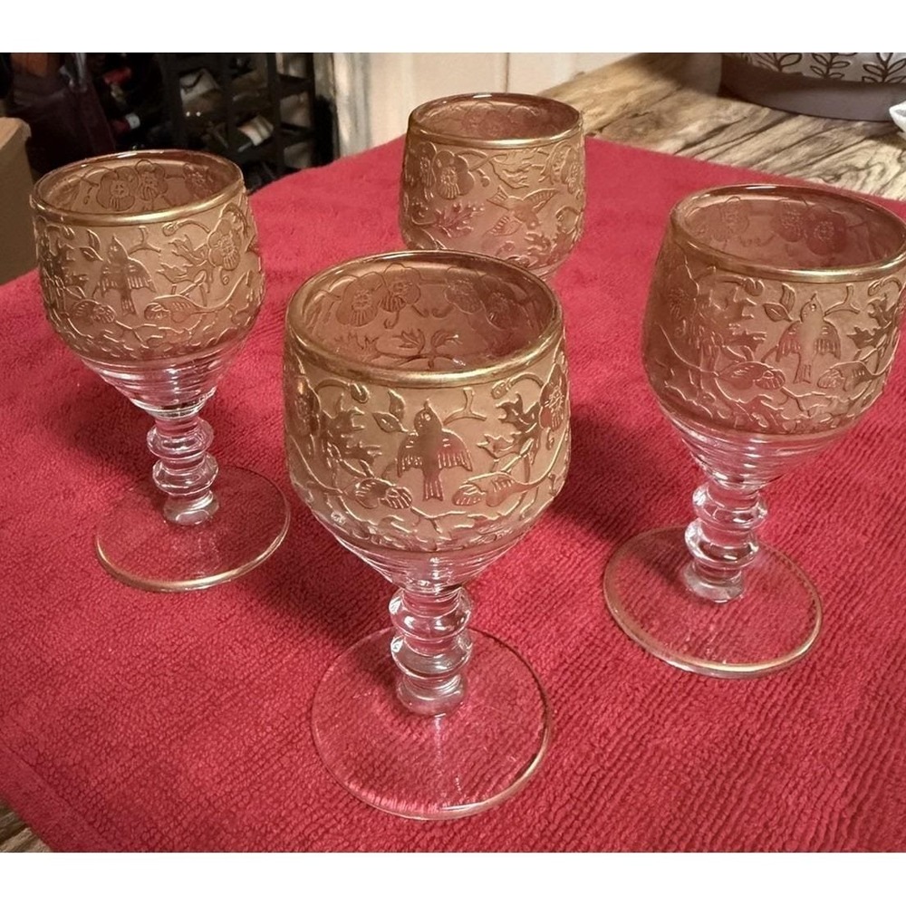 Vintage Imperial Glass Songbird Gold Encrusted Cordial Glasses Set Of 4 1950s